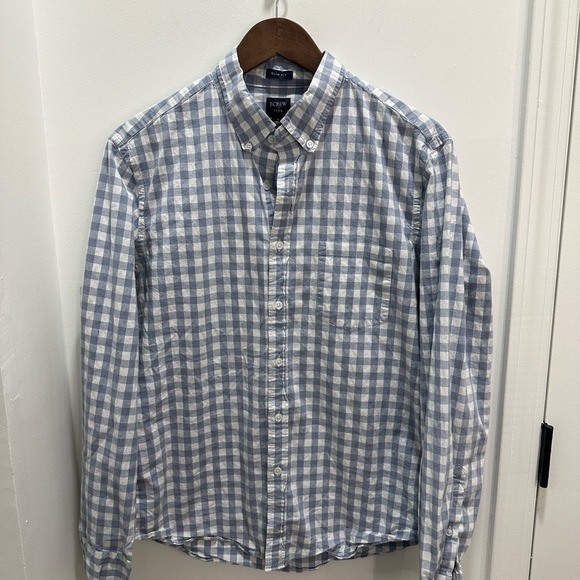 J Crew Flex Slim Fit Blue Gingham Button Down Shirt Men's Size Large - Picture 1 of 3